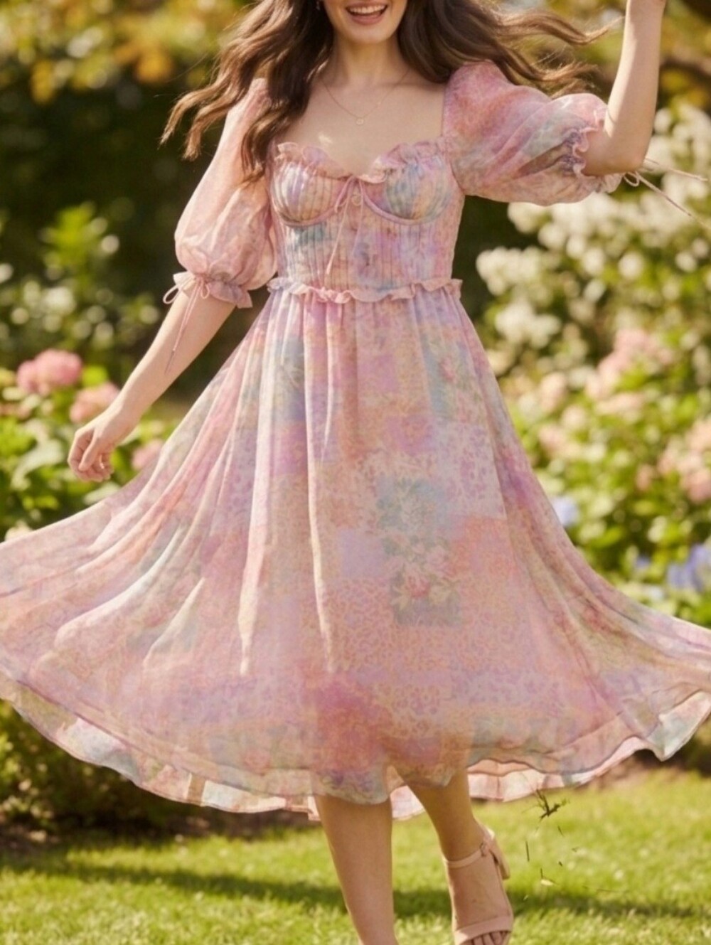 For Love & Lemons Pastel Floral Corset Midi Dress